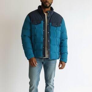Lands' End Max 600 Down Puffer Jacket NWT Men's Sz L Blue Colorblock Streetwear